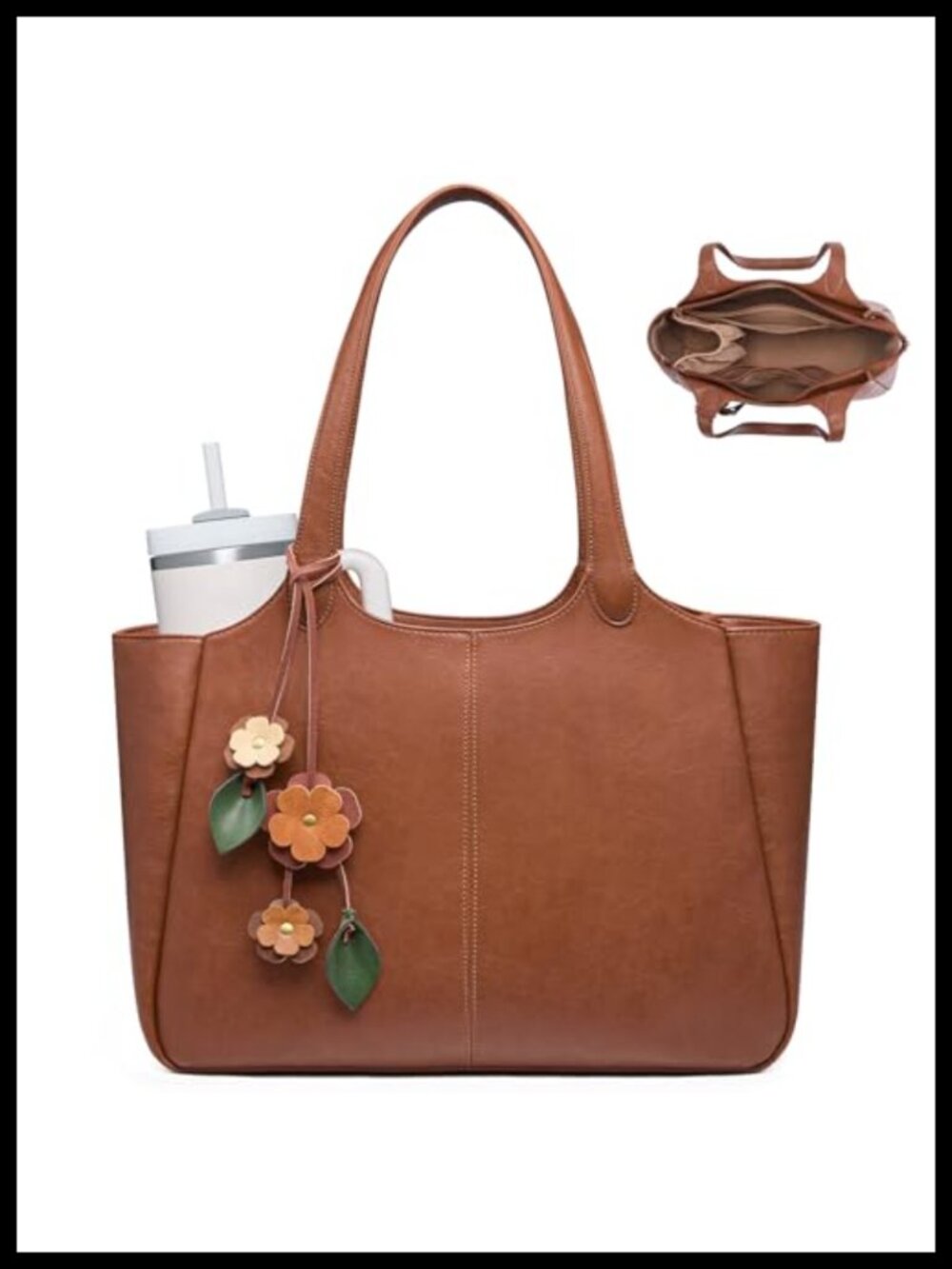 Faux Leather Tote Bag for Women with 40oz Cup Holder Laptop Work Shoulder Bag